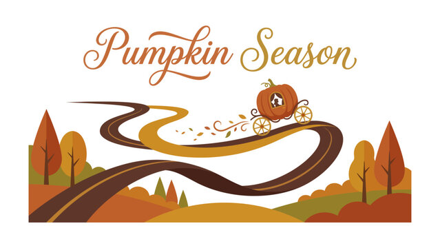 Pumpkin Season Serenade: A whimsical illustration depicts a charming pumpkin carriage, adorned with autumn leaves, embarking on a journey along winding roads.