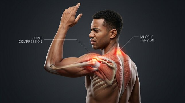 A muscular man illustrates arm muscle and joint anatomy with highlighted bones and muscles.