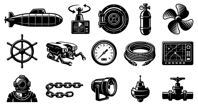 Underwater Equipment Vector Icons: Submarine, Diver, ROV, Sonar, Fan