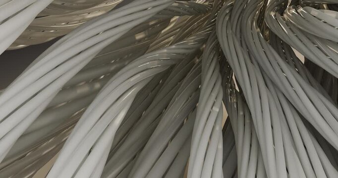 3d animation of the structure of twisted white fibers or cables. A lot of thick, smooth strands, consisting of thinner intertwined threads, fan out from the upper right corner and stretch across the e