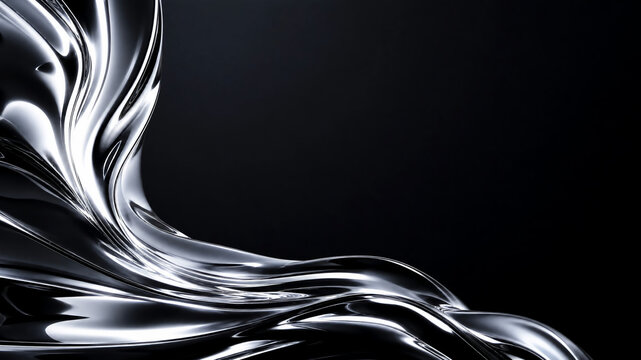 Chrome silver liquid metal swirling from corner with copy space abstract 3D object on pure black background