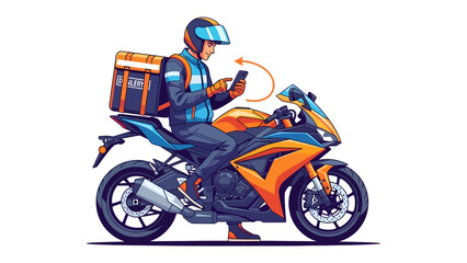 Obraz premium Delivery Rider on Motorcycle: A focused delivery rider, clad in protective gear and helmet, checks his smartphone while seated on a sporty motorcycle equipped with a large insulated delivery bag.