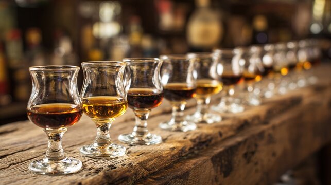 digestif. Small crystal glasses with amber liqueurs on a rustic wooden bar counter. bar promotions, beverage menus, designed for food & beverage menus and cafe branding, elevates brand perception.