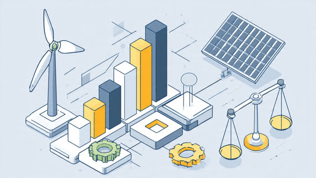Business Growth and Data Analysis Illustration with Graphs, Gears, and Scales
