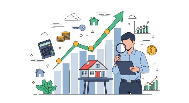 Man analyzing real estate market trends and property investment growth with financial tools.