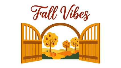 Obraz premium Autumn Landscape Through Open Gates: Greet the cozy season with Fall Vibes as an inviting wooden gate opens to reveal a picturesque autumn landscape filled with colorful trees, pumpkins.