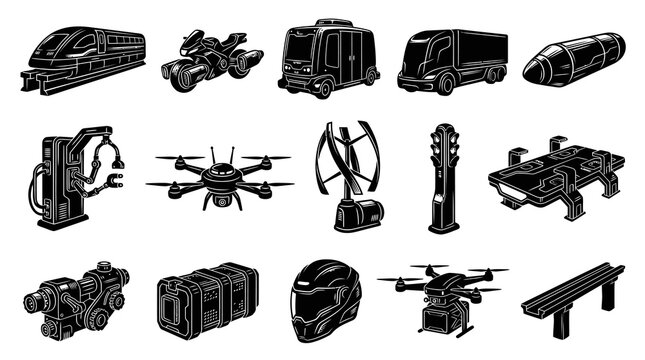 Futuristic Technology Icons: Train, Drone, Truck, Bullet, Helmet, etc. - Vector Glyph Art