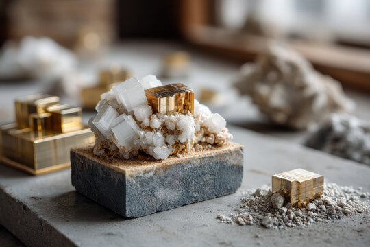 Rare earth minerals crystal cluster macro photo on stone base with golden cube mineral under soft light in workshop setting for geology collection