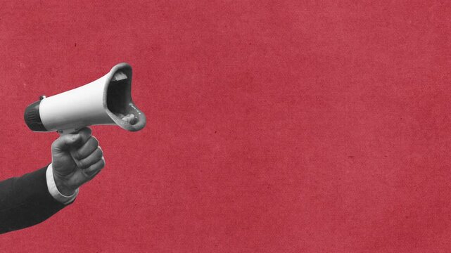 Megaphone mouths stop motion with shouting symbols on red paper background. Concept of public speech, viral messages, media pressure, communication overload, and protest poster design.