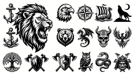 Obraz premium Engraving Style Vector Icons: Ancient Symbols, Mythological Animals, Heraldic Emblems for Fantasy Tribal Design