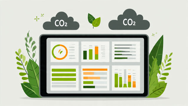 Digital tablet displaying eco-friendly data analytics with green plants and clouds