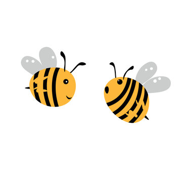 Cartoon bee mascot. A small bees flies. Wasp collection. Vector characters. Incest icon. Template design for invitation, cards. Doodle style.