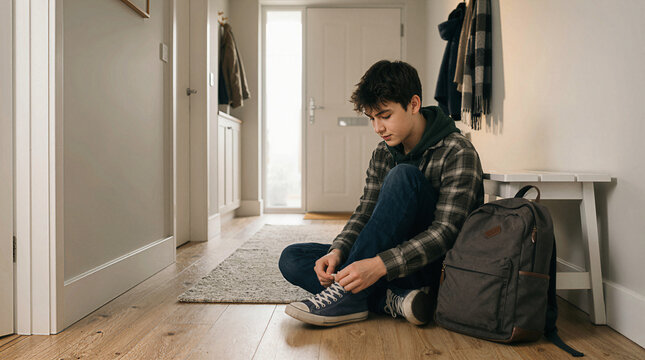 Teenage boy tying his shoelaces while sitting on the floor in a home hallway