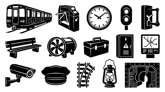 Subway Station Icons: Train, Bench, Clock, Security Camera, Lantern - Black and White Glyph Art