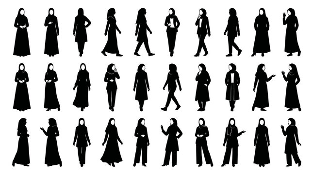 Diverse Muslim Women in Hijab Silhouettes Vector Icons for Lifestyle and Culture