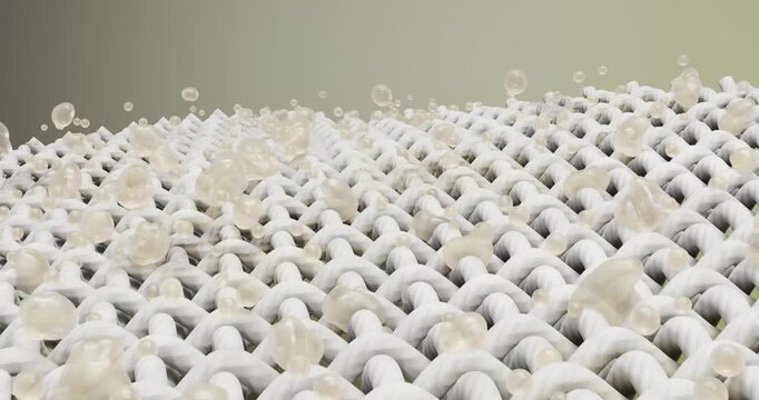 3d animation of contamination of textile fibers by bacteria. A close-up shows the relief structure of the intertwined fabric. Bulky microscopic particles are located on the surface and between the loo