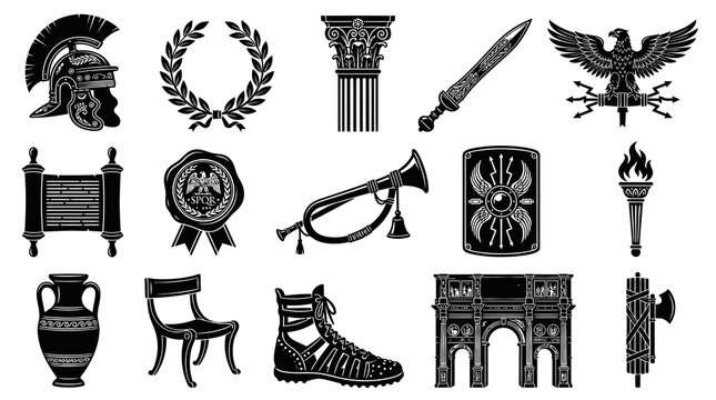 Ancient Roman Empire Symbols Collection. Historical Black  White Glyph Icon Set for History and Culture