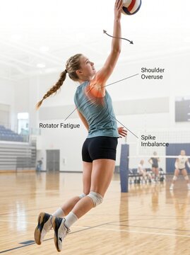 A young woman in athletic wear jumps to spike a volleyball while physiotherapy annotations highlight her shoulder overuse rotator fatigue and spike imbalance.