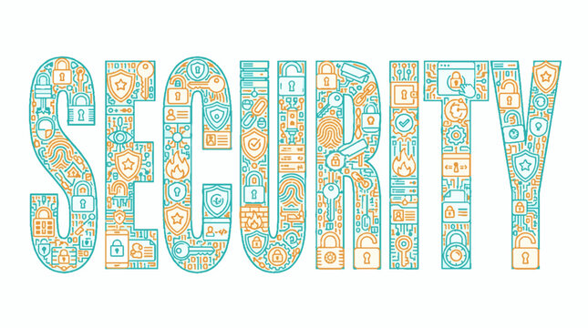 Security word typography composed of digital technology and cyber protection icons in a flat line art vector illustration style on white background
