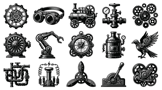 Detailed Steampunk Industrial  Mechanical Elements Vector Illustration in Engraved Black  White Style