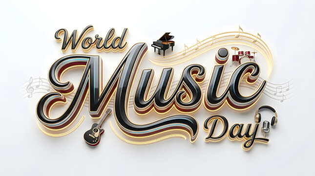 World music day typography concept logo banner poster in illustration.