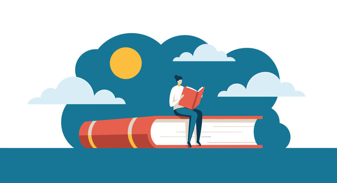 Person Reading Book on Giant Book Floating in Sky.
