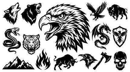 Obraz premium Bold Black and White Vector Art Set: Powerful Wildlife, Mythology, and Symbolic Graphic Design Elements