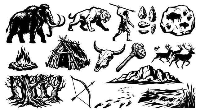 Prehistoric Era Vector Art: Mammoth, Caveman, Hunter, and Nature Icons