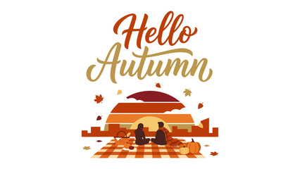 Hello Autumn Picnic: A heartwarming illustration captures a serene autumn scene with a couple enjoying a picnic under a setting sun. Leaves drift gently, and pumpkins add to the seasonal charm. © Mohammad