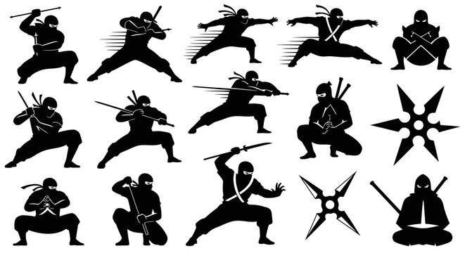 Martial Arts Ninja Warriors and Shurikens Silhouette Vector Set. Japanese Stealth and Combat Icons.