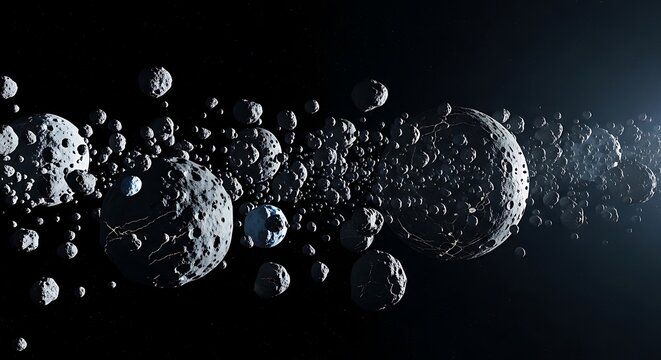 Vast asteroid belt in deep space with numerous rocky celestial bodies and distant light source. astroid belt