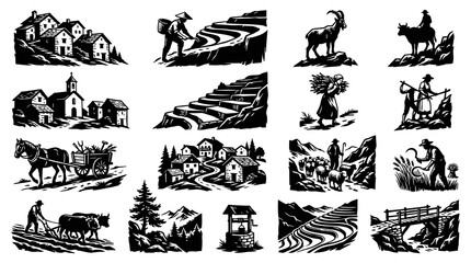 Obraz premium Rural Village Scene Black and White Line Art Agricultural Icons
