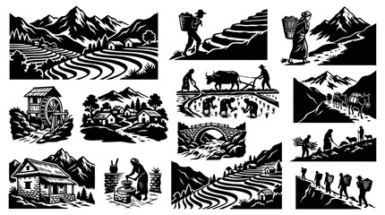 Obraz premium Black White Line Art: Rural Farming, Agriculture, Peasants, Landscapes, Village Life