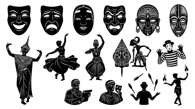 Theater and Performing Arts Masks, Dancers, Puppets, and Performers Black and White Glyph Vector Set