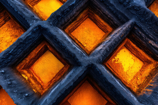 Abstract texture lattice metal glowing orange rare earth minerals behind charred metal lattice abstract texture background with warm orange glow