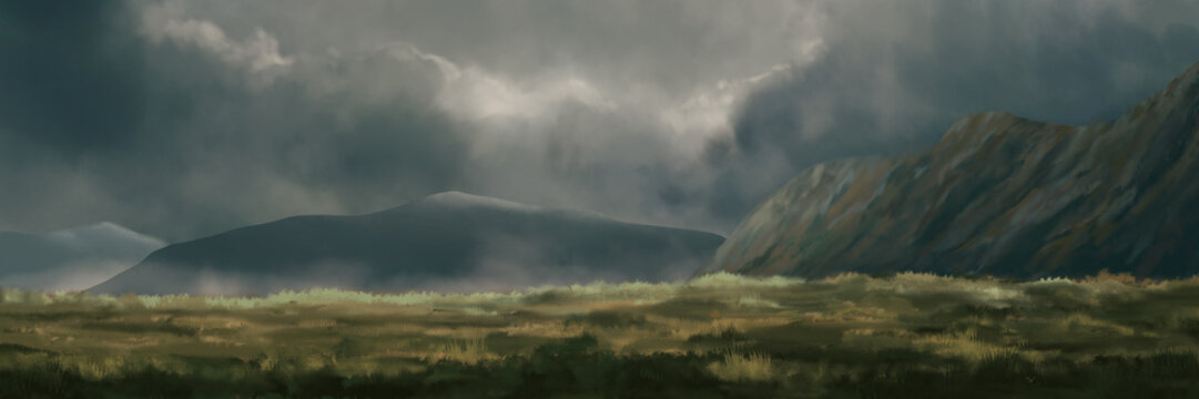 Mountain landscape with meadow and overcast sky and fog. Hand digital painted landscape background