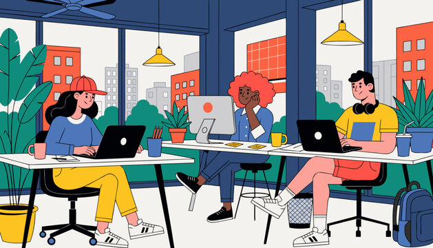 Working professionals in a bright office space engaged with their laptops during a busy weekday morning Generative AI