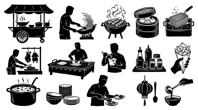 Asian Chinese Food and Cooking Vector Silhouette Icons Set. Chefs Preparing Street Food, Dim Sum, BBQ, Noodles, Sauces