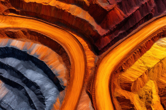 Aerial mine earth minerals excavation pit road landscape texture rare earth minerals glow through layered open pit mine curves bold orange