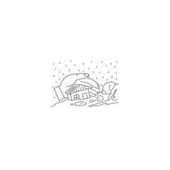 Naklejka premium Large Hand Shielding Small House from Rain and Flood in Minimalist Cartoon Style