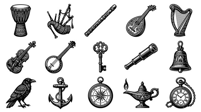 Black and White Vector Icons of Musical Instruments, Tools, and Ornate Objects