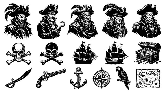 Pirate Icons: Black and White Line Art Set with Ships, Skulls, Treasure, Map, Parrot