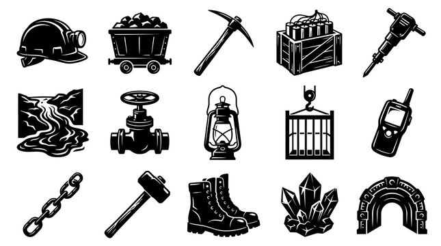 Mining Industry Black  White Vector Icons Set: Essential Tools, Equipment, Objects, and Symbols
