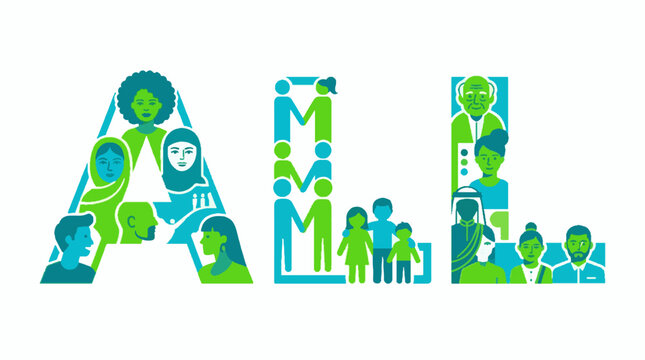 Vector illustration of the word ALL formed by diverse people icons in blue and green colors representing community and inclusion on white background