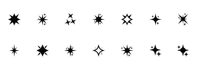 Fototapeta premium Black and white sparkle vector icon set. Graphic sparkle effect used in luxury branding, celebratory designs, and on-screen special effects. Vector illustration.