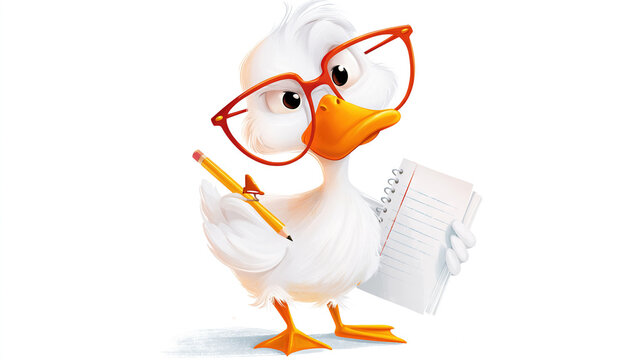 Cartoon seagull wearing glasses holding a pencil and notepad