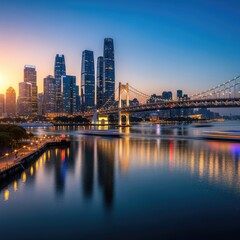 Fototapeta premium Cityscape at dusk with illuminated skyscrapers and bridge over water