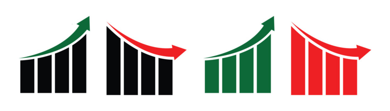 Stock increase and decrease graph chart vector icon set. Green upward arrows for gains and red downward arrows for losses.