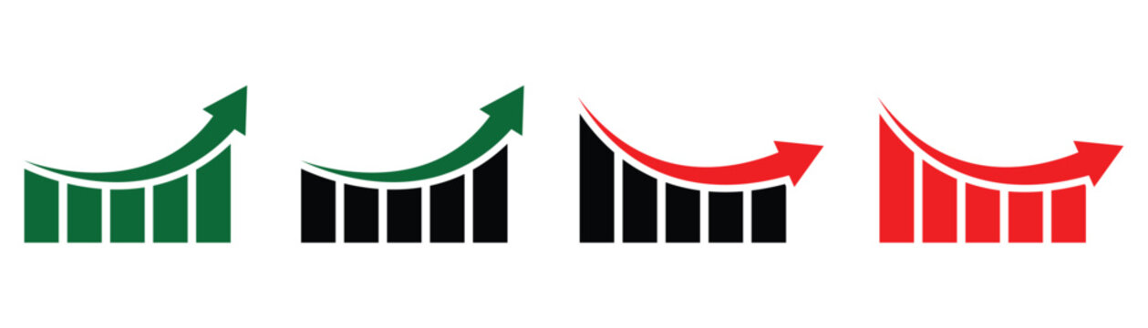 Stock increase and decrease graph chart vector icon set. Green upward arrows for gains and red downward arrows for losses.