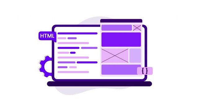 Website coding interface design with purple screen and gear icons. Suitable for tech blogs, coding tutorials, web development articles.